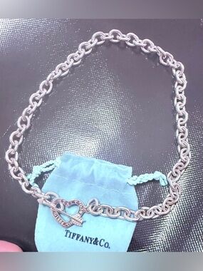 Vintage Tiffany & Co. Silver Heart Toggle Necklace with Teal Pouch